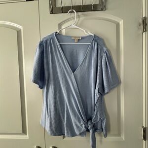 Michael Kors Blue Striped Seersucker Women's Top with Side Tie 2X/3X